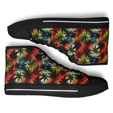 A pair of high-top sneakers with a cannabis leaf pattern in multiple colors on a black background.